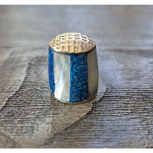 Vintage Mother of Pearl Blue Silver Tone Thimble for Sewing Alpaca Mexico Rare